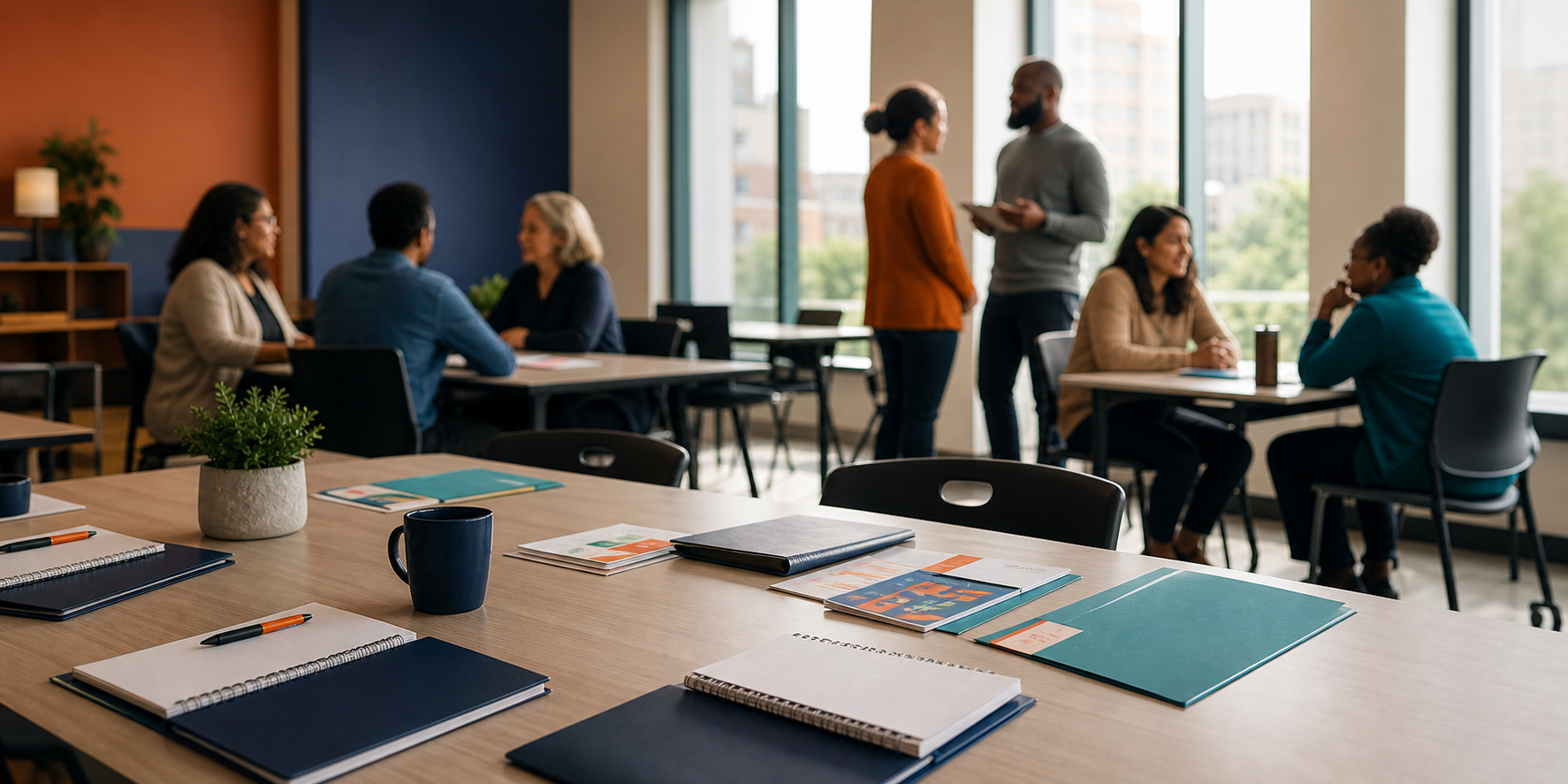 Illustrative community space with people, tables, and participant materials
