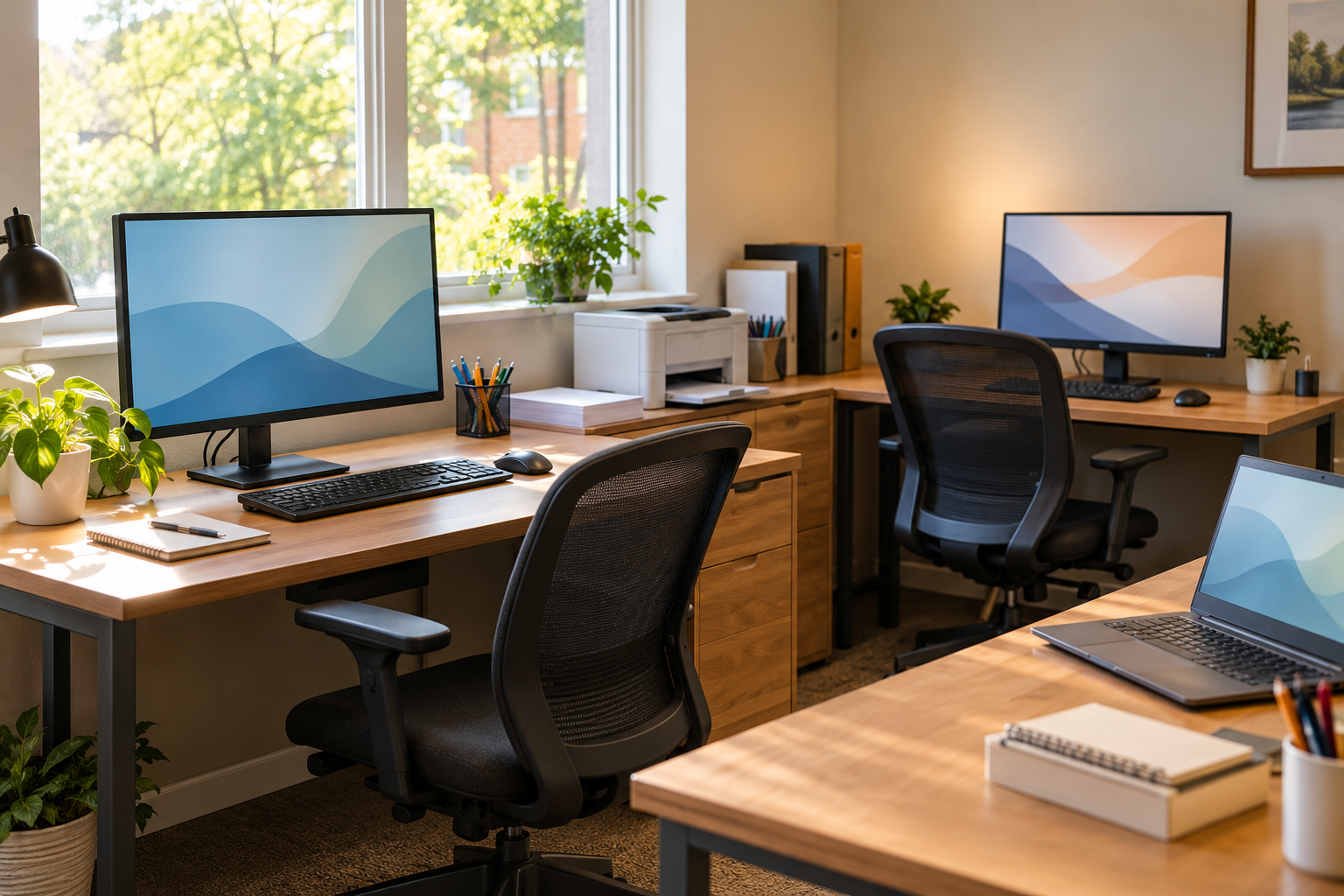 AI-generated illustration of a welcoming office with participant computers, a laptop, printer, and everyday supplies